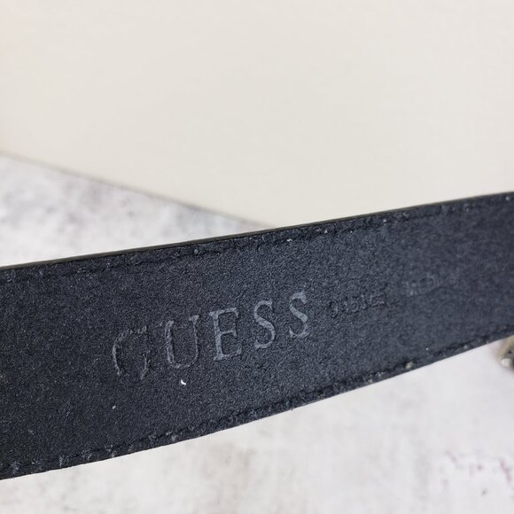 Vintage Y2K GUESS 100% Leather Belt Black Bedazzled Buckle Crystals size M main image 7